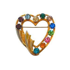 Vintage Catamore 12KGF Rhinestone Heart Brooch